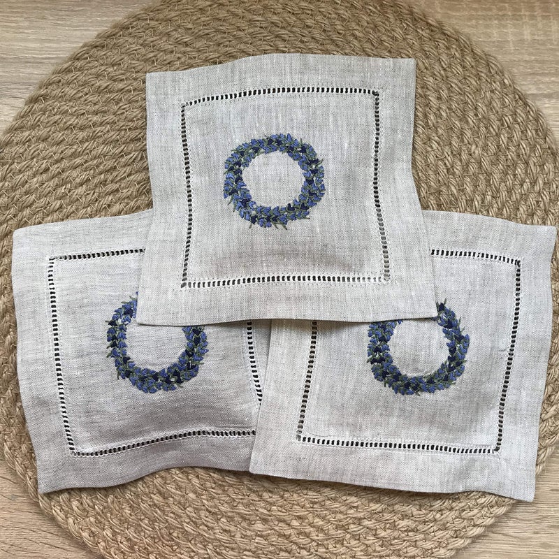 Minhcraft Hand embroidered lavender pillow sachet bag Lavender crown  natural linen cushion 6""x6""  set of 3 - Image 1